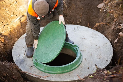 A man closing the lid on a septic tank.