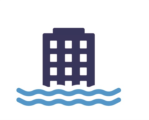 Blue graphic of a building with water lines underneath it.