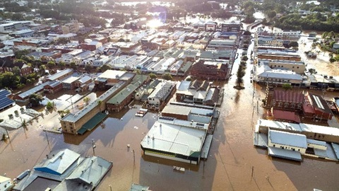 An aerial view of the Lismore CBD under flood water after the February 2022 natural disaster.