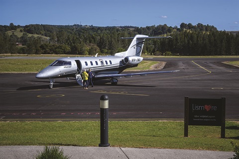 A private jet on the runway at Lismore Regional Airport.