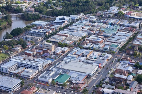 An aerial view over Lismore CBD towards the river.