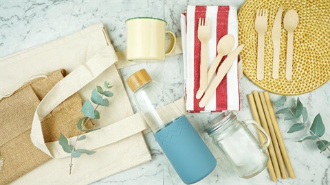 Cloth bags, reusable water bottles, bamboo cutlery and straws.