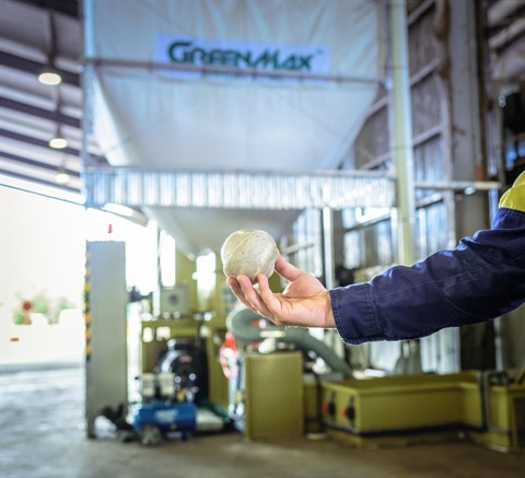 A Council staff member holds a ball of polystyrene wrap in front of the polystyrene recycling machine at the Lismore Recycling and Recovery Centre.