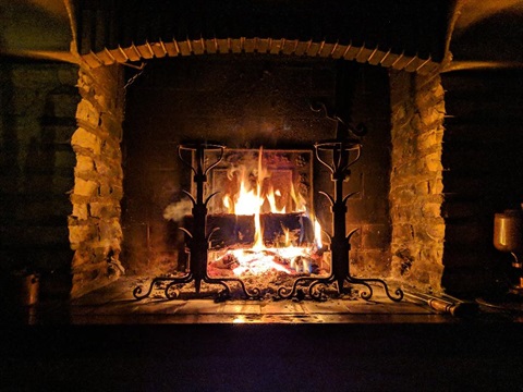 An open fireplace.