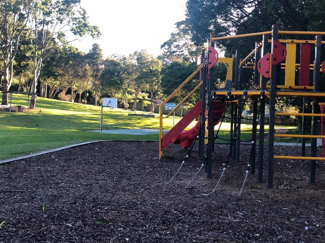 The playground and basketball court at Elders Memorial Park, Goonellabah.