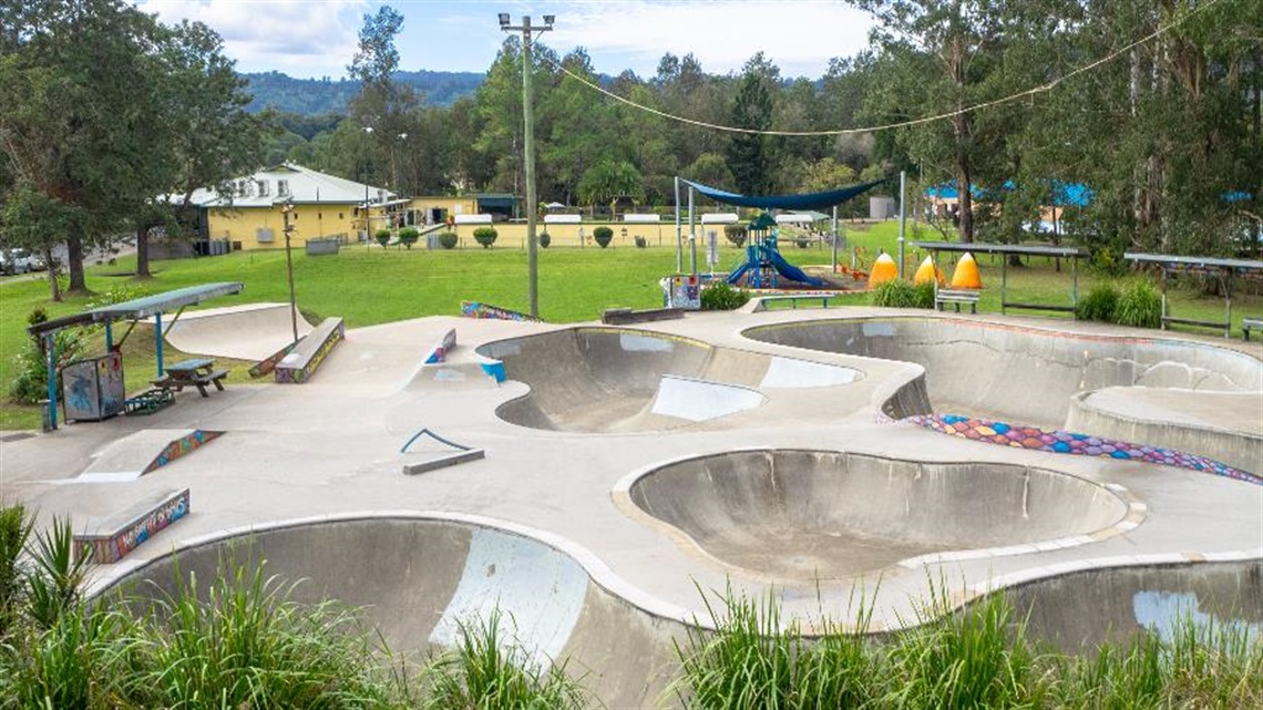 The skate park and playground at Peace Park, Nimbin.