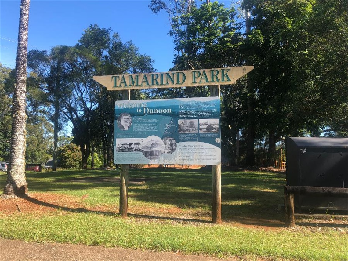 The Welcome to Dunoon sign at the front of Tamarind Park.