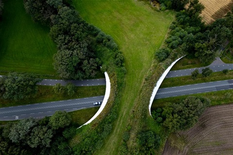 A grassed wildlife crossing overpass over a highway.