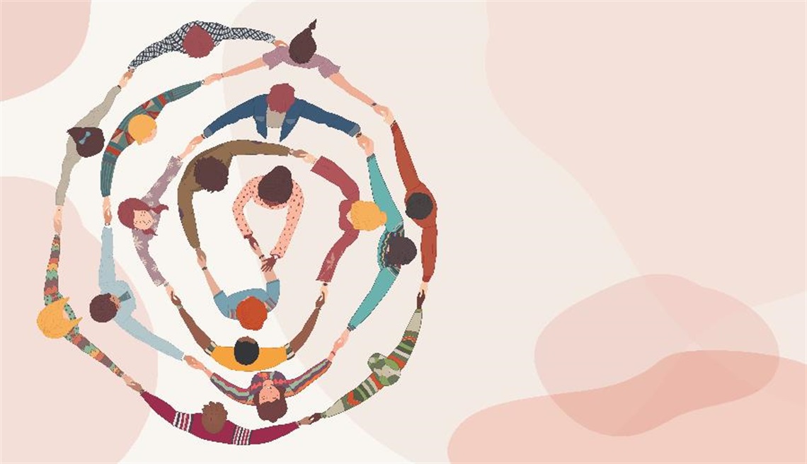 A drawing of people holding hands in a circle.