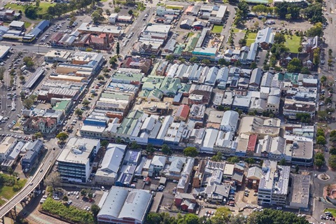 An aerial view of Lismore CBD.