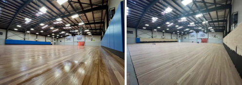 The new flooring at the basketball stadium.