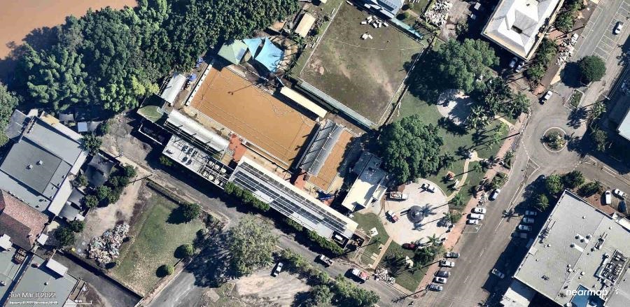 An aerial view of the dirty water in the baths after the natural disaster.
