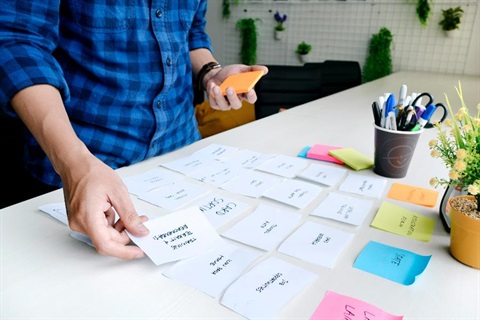 A man placing note cards in a grid pattern on a table.
