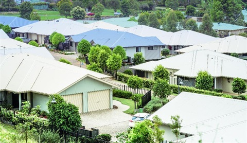 An aerial view of a housing development.