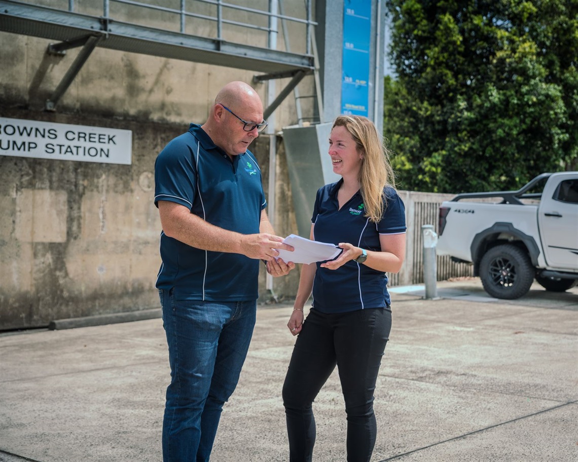 Lismore Mayor Steve Krieg with Council's Emergency Management Coordinator Jessica Anderson in front of Browns Creek Pump Station