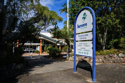 The front sign of the Lismore City Council Corporate Centre.