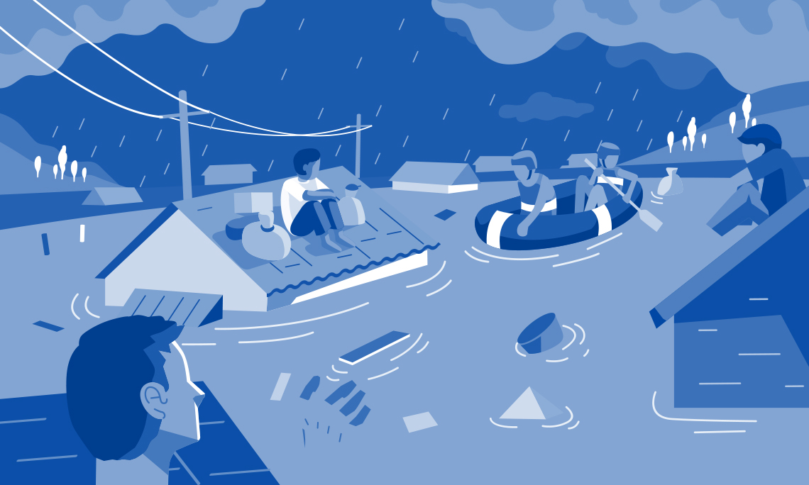 A blue graphic showing an illustration of people being rescued from flood water.